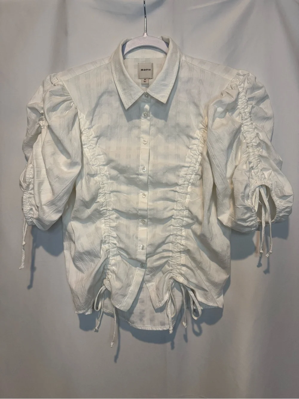 Anthropologie Maeve Drawstring Puff-Sleeve Button-Front Blouse Size Medium